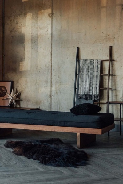 futon sofa, daybed, modern sofa, floor sofa, living room furniture, brand awareness, lifestyle, editorial, calm, luxurious, neutral, brown